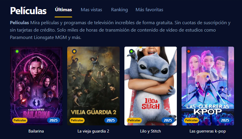 Captura de pantalla de la interfaz de usuario de Cinehdplus, que muestra películas y series en alta definición.